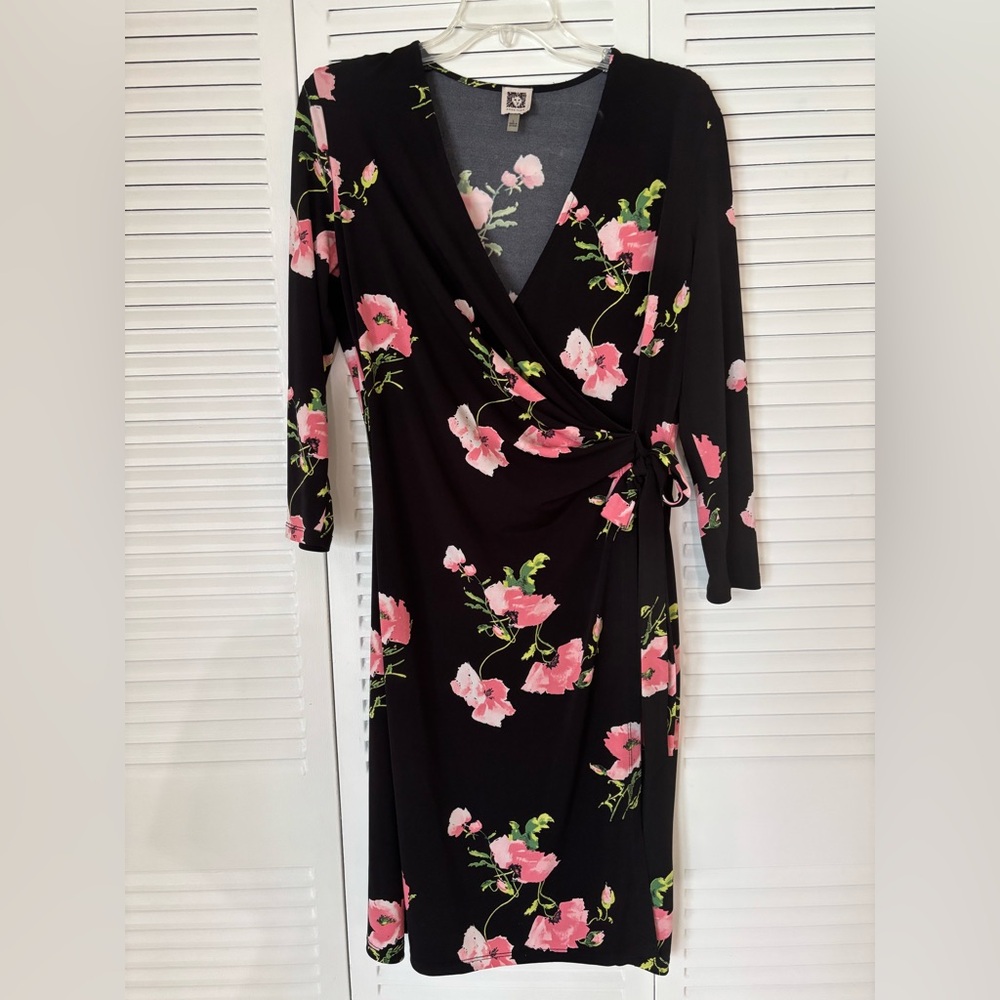 Anne Klein Black and Pink Floral Long Sleeve Dress